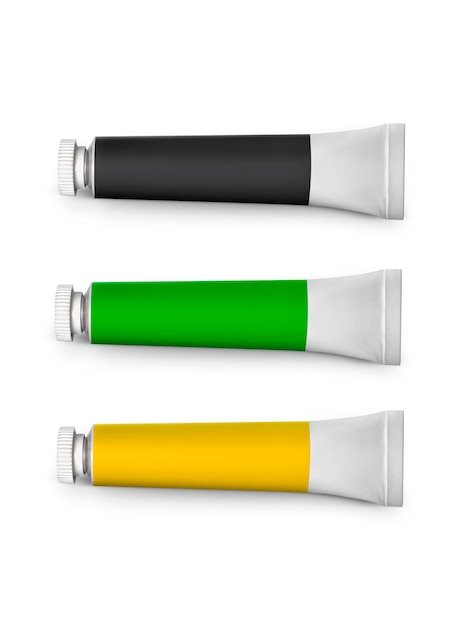 Conjunto de tubos de colores con una pintura sobre un fondo blanco.
