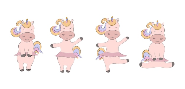 Conjunto de unicornios mágicos lindos Ilustración de unicornio bebé pequeños animales de cuento de hadas ballet pony caballo clipart vector bailarina rosa personajes en pose de baile para niñas