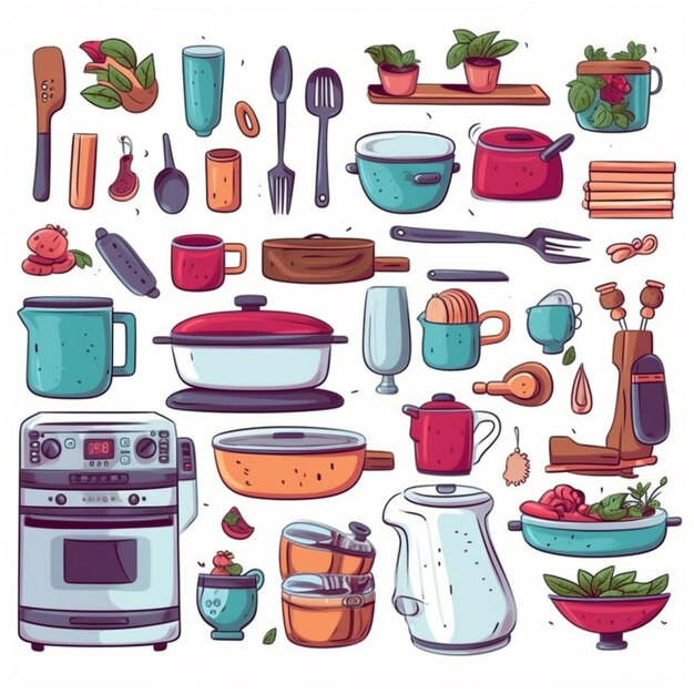 Foto un conjunto de utensilios de cocina y electrodomésticos en un estilo plano generativo ai