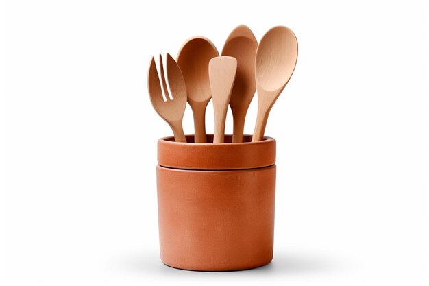 Conjunto de utensilios de cocina de madera, cuchara, tenedor y espátula en un recipiente de terracota