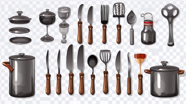 Conjunto de utensilios de cocina Uso de la cocina Instrumentos, equipos y cubiertos para cocinar Apparatos y accesorios de cocina Colección Ilustración plana Objetos de cocina aislados sobre fondo blanco