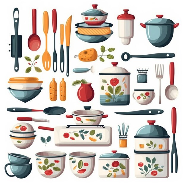 Foto un conjunto de utensilios de cocina y utensilios de cocina generativos ai