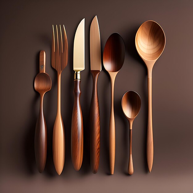 Conjunto de utensilios de madera con acabado rústico.