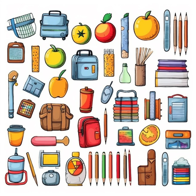 Un conjunto de útiles escolares y suministros para el aula generativa ai.