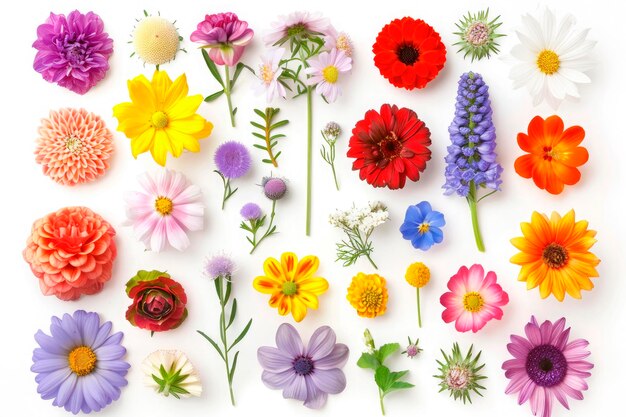 Foto conjunto de varias flores coloridas aisladas en fondo blanco vista superior