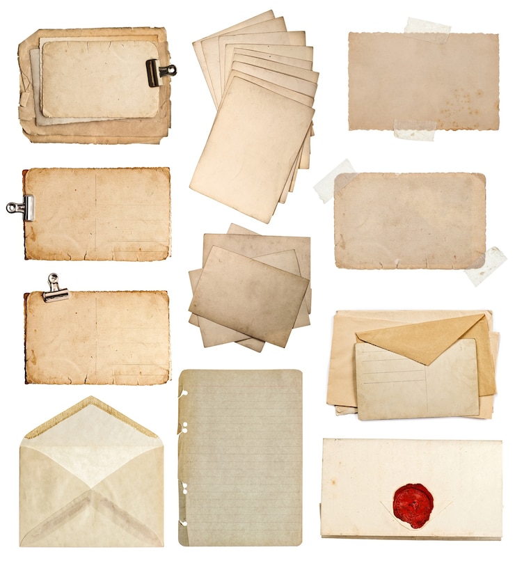 Foto conjunto de varias hojas de papel viejas. álbum de fotos vintage y páginas de libros, tarjetas, sobres aislado sobre fondo blanco.