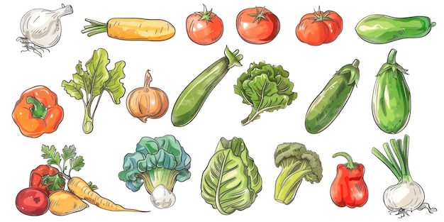 Conjunto de varias verduras dibujadas a mano dibujos de diferentes alimentos aislados en blanco
