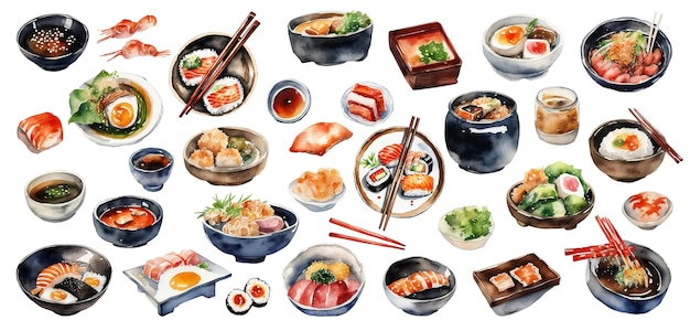 Conjunto de variedad de comida japonesa Acuarela pintada a mano ilustración aislada sobre fondo blanco