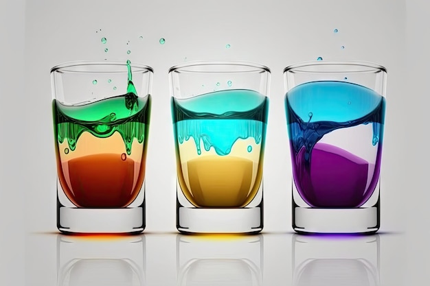 Conjunto de vasos de laboratorio con líquidos de colores contrastantes sobre un fondo blanco Formato de pancarta