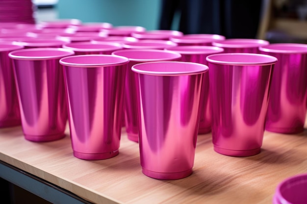 Un conjunto de vasos rosados desechables un lugar para el texto