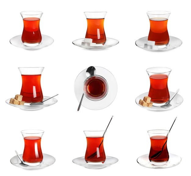 Foto conjunto con vasos de té turco tradicional sobre fondo blanco.