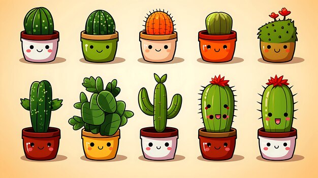 Un conjunto de vectores de dibujos animados de cactus kawaii ilustración sobre fondo blanco ai arte generativo