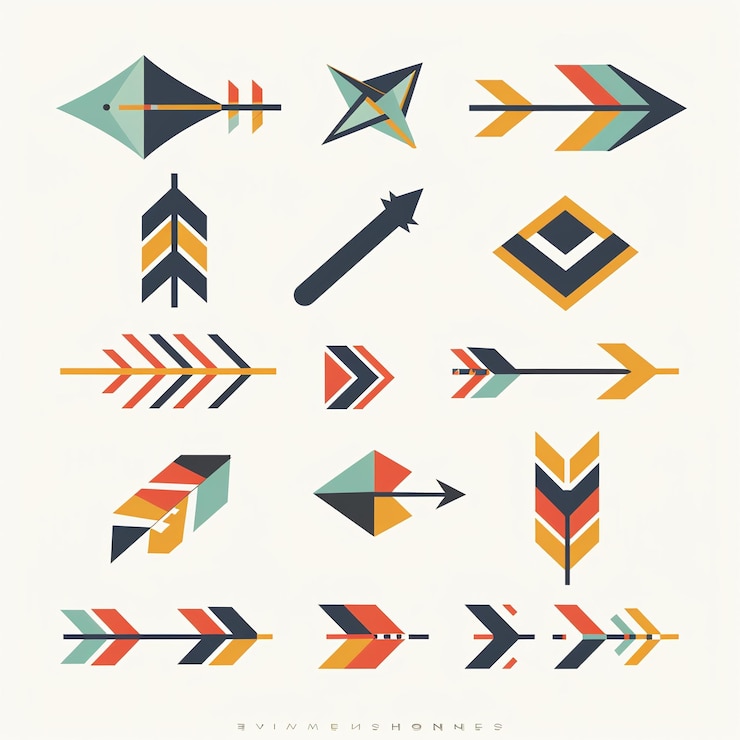 Foto conjunto de vectores de flecha rústicos de época con texturas angustiadas y colores audaces, ideal para diseños retro, arte gráfico y proyectos de señalización direccional