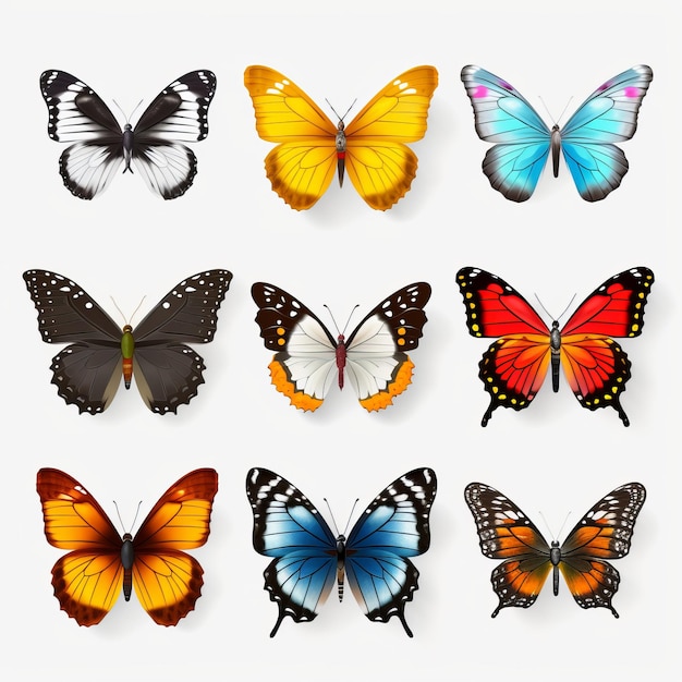 Foto conjunto de vectores realistas de mariposas de colores sobre fondo transparente