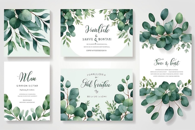 Conjunto vectorial de acuarelas diseño de plantilla de tarjeta de invitación de boda con hojas de eucalipto verde Ilustración para tarjetas guardar la fecha diseño de saludo invitación floral