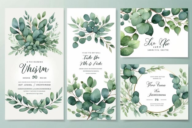 Conjunto vectorial de acuarelas diseño de plantilla de tarjeta de invitación de boda con hojas de eucalipto verde Ilustración para tarjetas guardar la fecha diseño de saludo invitación floral