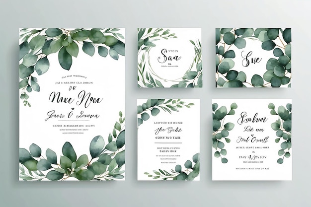 Foto conjunto vectorial de acuarelas diseño de plantilla de tarjeta de invitación de boda con hojas de eucalipto verde ilustración para tarjetas guardar la fecha diseño de saludo invitación floral