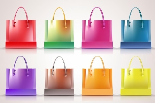 Conjunto vectorial de bolsas de compras vacías de colores realistas para promoción aisladas en fondo blanco