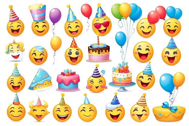 Foto conjunto vectorial de cumpleaños de emoji colección de iconos de emoticones de la fiesta de aniversario aislados