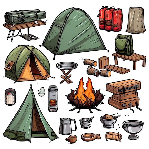 Foto conjunto vectorial de equipos de campamento y cosas conjunto de dibujos animados