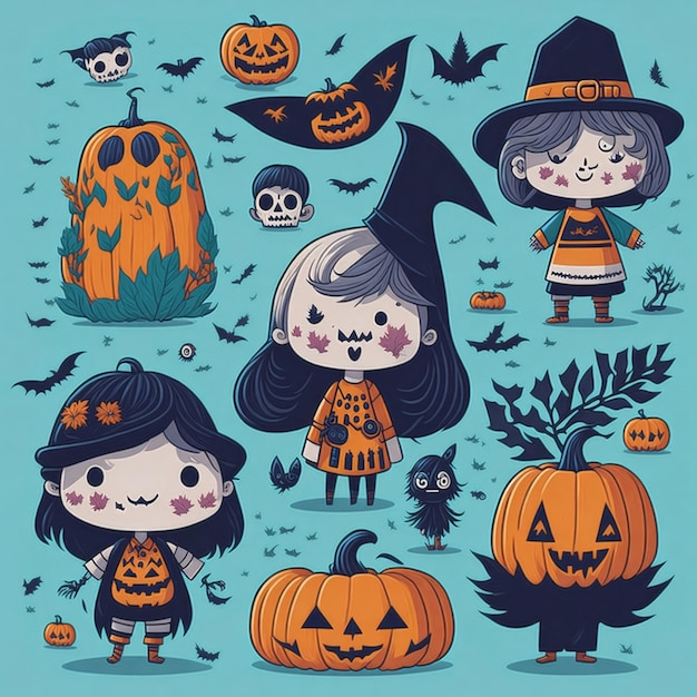 Conjunto vectorial feliz espeluznante estilo hippie de dibujos animados de los años 60 ilustración gráfica niño fantasma Halloween