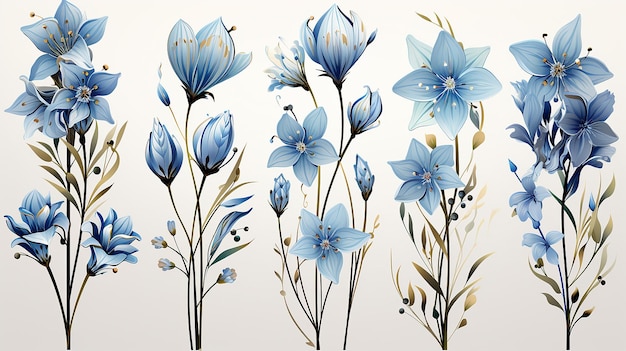Conjunto vectorial de flores de campana azul aisladas sobre un fondo blanco