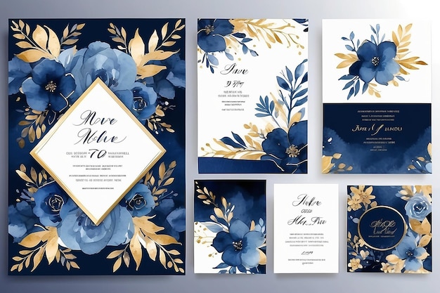 Foto conjunto vectorial de invitaciones de boda de acuarela floral y dorada azul y azul marino diseño de fondo y plantilla de lujo para tarjetas de invitación