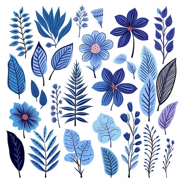 Conjunto vectorial de plantas tropicales brillantes coloridas hojas dibujadas a mano inflorescencias flores color azul