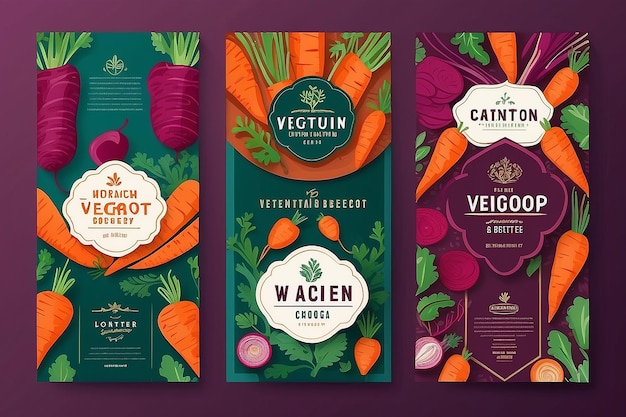Conjunto vectorial de plantillas de envasado etiqueta de alimentos vegetarianos cartel de bandera marca de identidad