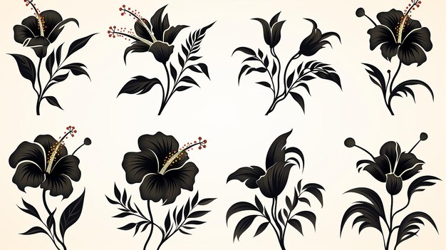 Conjunto vectorial de siluetas negras de flores de hibisco tropical aisladas sobre un fondo blanco