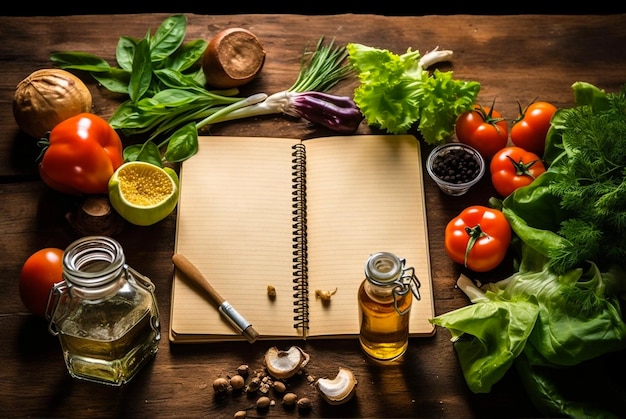 Conjunto de verduras e ingredientes para ensaladas con libro de cocina vacío AI generativa