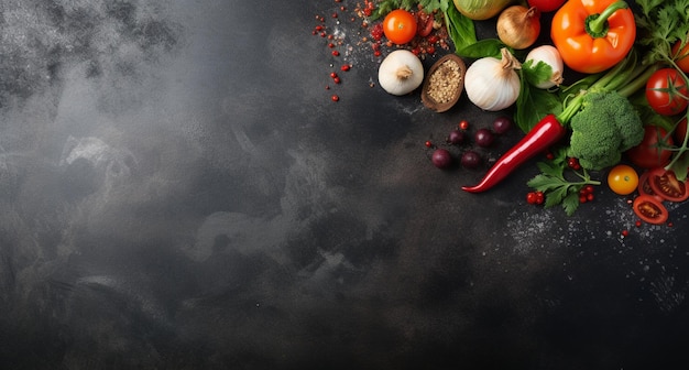 Conjunto de verduras y especias para cocinar sobre fondo oscuro