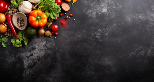 Conjunto de verduras y especias para cocinar sobre fondo oscuro