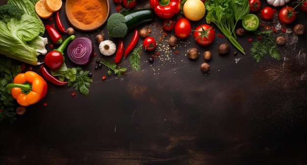 Conjunto de verduras y especias para cocinar sobre fondo oscuro