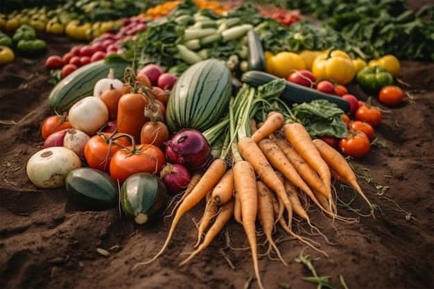 Un conjunto de verduras frescas en el fondo