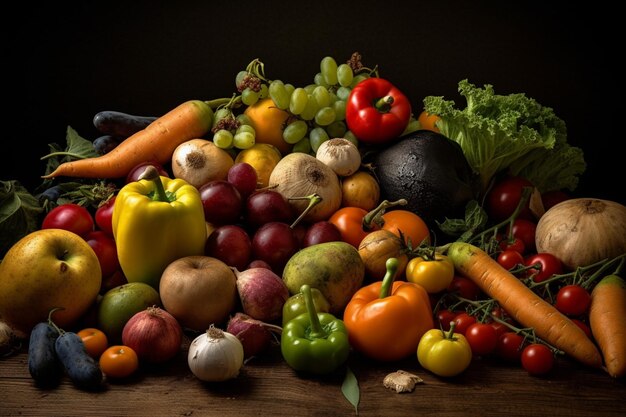 Conjunto de verduras y frutas frescas brillantes sobre la mesa Fondo de alimentos fotografía publicitaria de luz suave fotografía comercial IA generativa