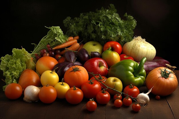 Conjunto de verduras y frutas frescas brillantes sobre la mesa Fondo de alimentos fotografía publicitaria de luz suave fotografía comercial IA generativa