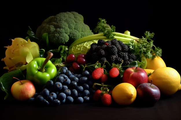 Conjunto de verduras y frutas frescas brillantes sobre la mesa Fondo de alimentos fotografía publicitaria de luz suave fotografía comercial IA generativa