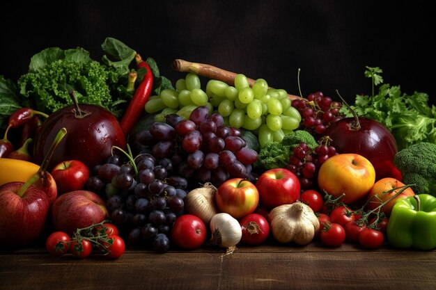 Conjunto de verduras y frutas frescas brillantes sobre la mesa Fondo de alimentos fotografía publicitaria de luz suave fotografía comercial IA generativa