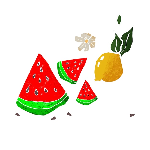 Conjunto de verduras y frutas saludables pedazos de sandía limón flor de jazmín sobre fondo blanco