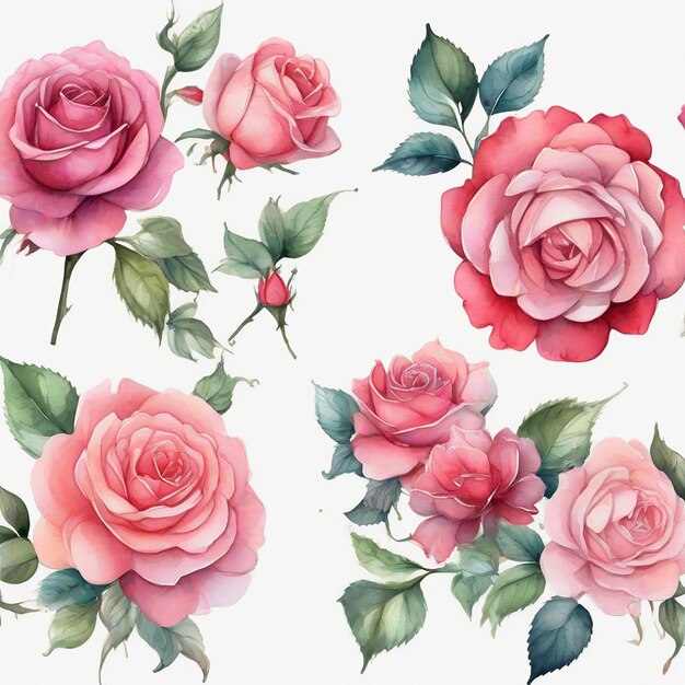 Conjunto vetorial de belas rosas aquareladas