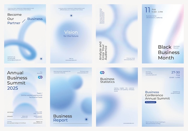 Conjunto vetorial de modelos de cartazes de negócios de azul gradiente Conjunto vectorial de cartazes comerciais de azul pastel Poster anual de negócios profissionais Conjunto de design de cartazes mínimos e simples Poster de relatório de negócios em azul