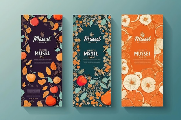 Conjunto vetorial de modelos de embalagem de barras de muesli, etiqueta, banner, cartaz e identidade