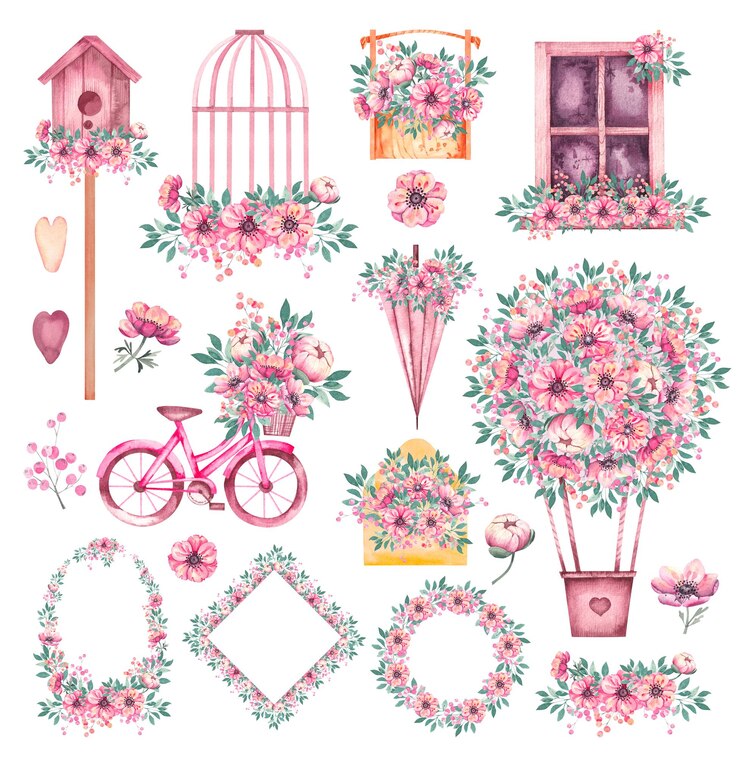 Conjunto vintage em aquarela com bicicleta