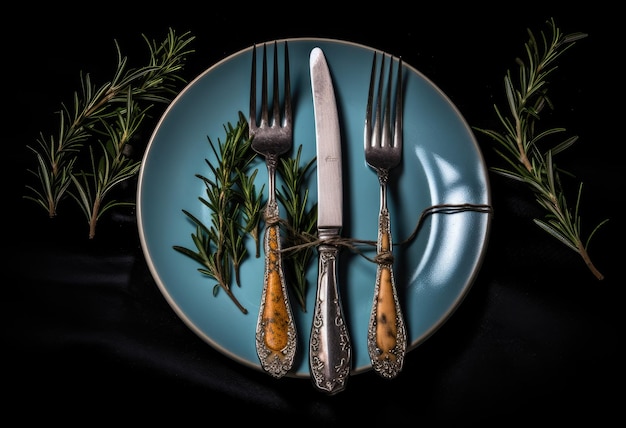 Foto conjunto vintage rústico de talheres faca colher garfo fundo preto vista superior criado com generative