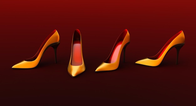 Conjunto de zapatos de mujer rojos Glamour con tacones altos aislados en render 3D de fondo rojo oscuro