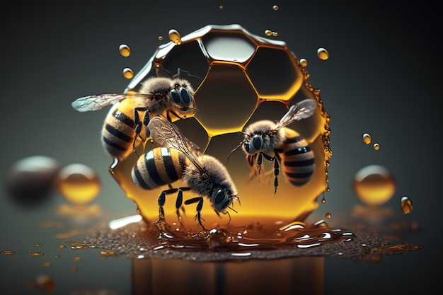 Conjuntos criativos e lindos de abelhas doces e frescas e favo de mel Nutrição adequada substituto natural do açúcar frutose ecológica vida saudável flores do prado