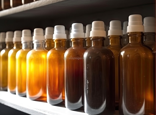 Conjuntos de fitoterápicos naturais selecionados em uma variedade de frascos O fundo no armário de madeira Organizado de maneira ordenada