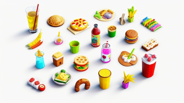 Conjuntos de ícones 3d coloridos da indústria de alimentos e bebidas Linda imagem de ilustração IA generativa