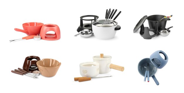 Conjuntos modernos de fondue aislados en collage blanco
